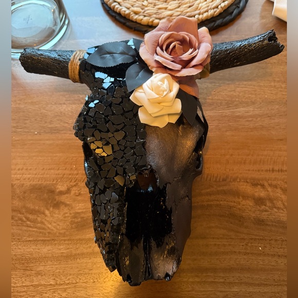Other - HANDMADE STAINED GLASS BLACK AND FLORAL COW SKULL